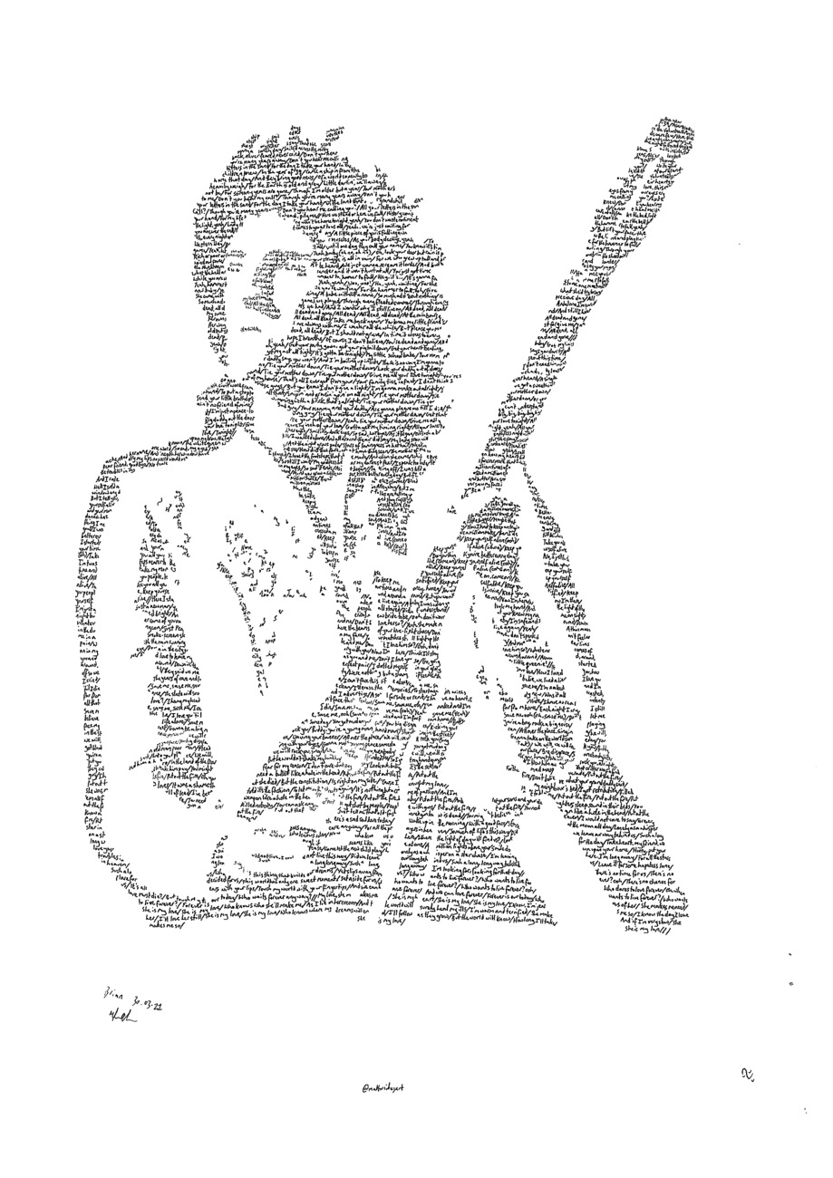 Portrait of Brian May with lyrics of Queen songs