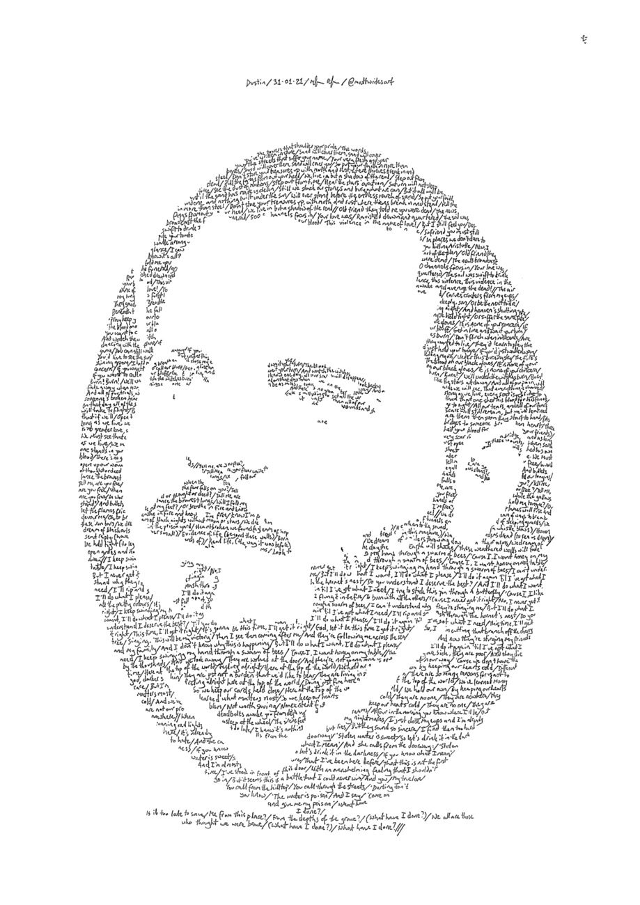 Portrait of Thrice singer Dustin Kensrue with lyrics