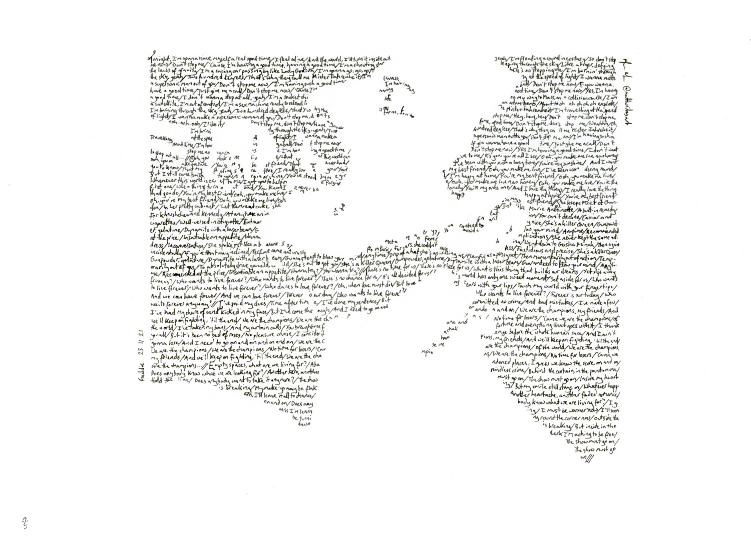 Portrait of Freddie Mercury using Queen lyrics