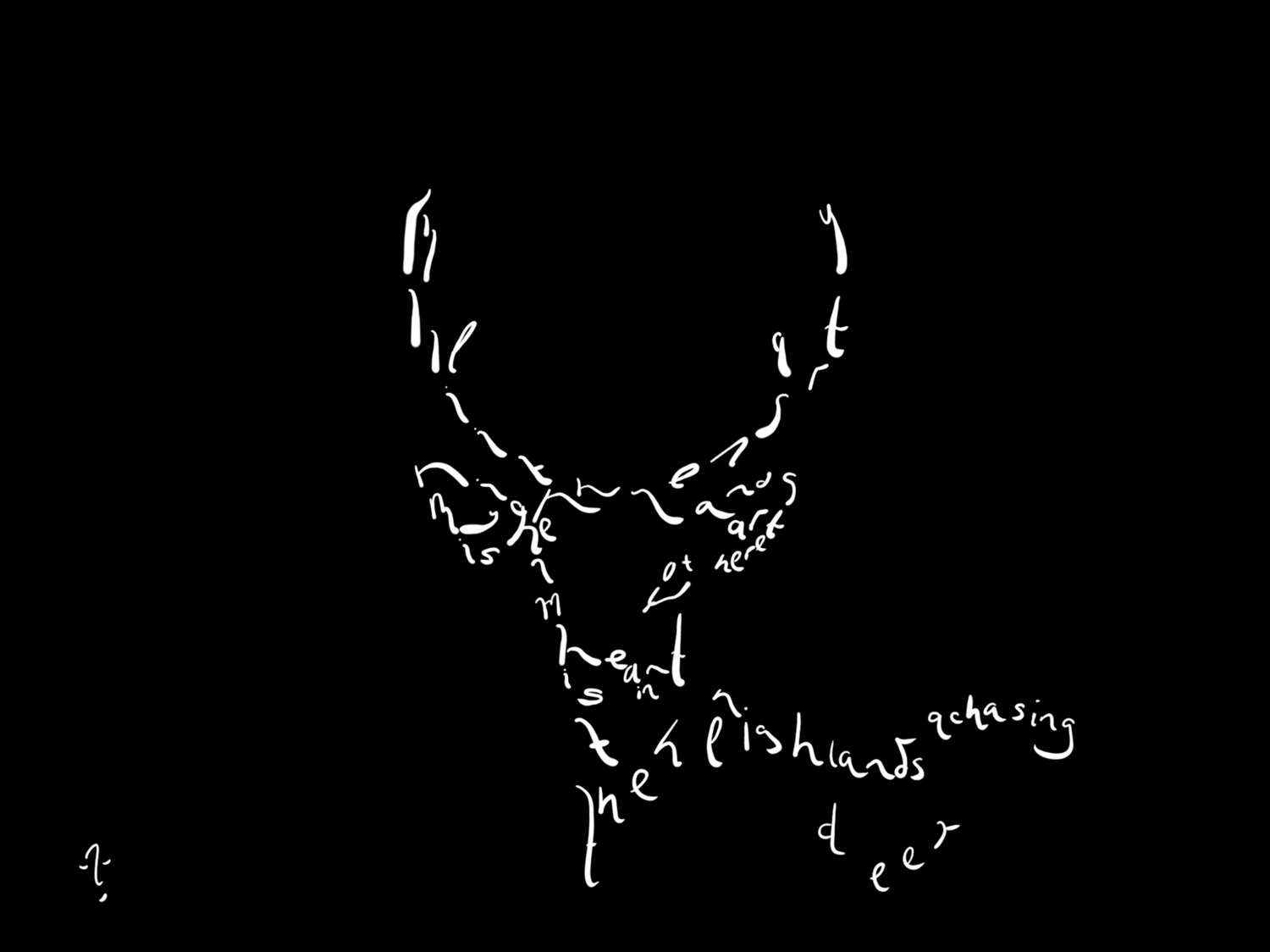 Digital minimal image of a deer on the first two lines of the Rabbie Burns' poem 'My Heart's in the Highlands'. White text on black
