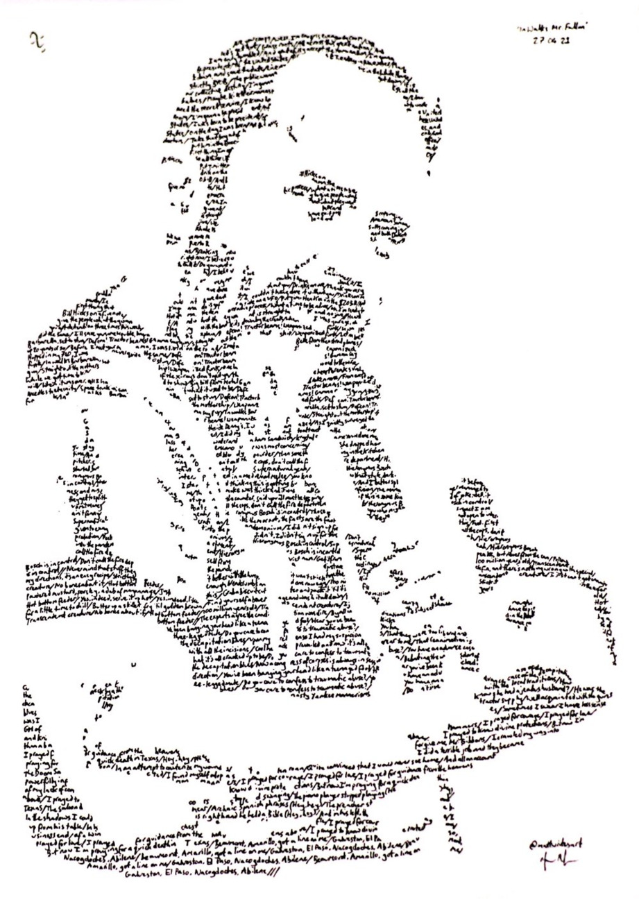 Portrait of Clutch singer Neil Fallon with lyrics of Clutch songs
