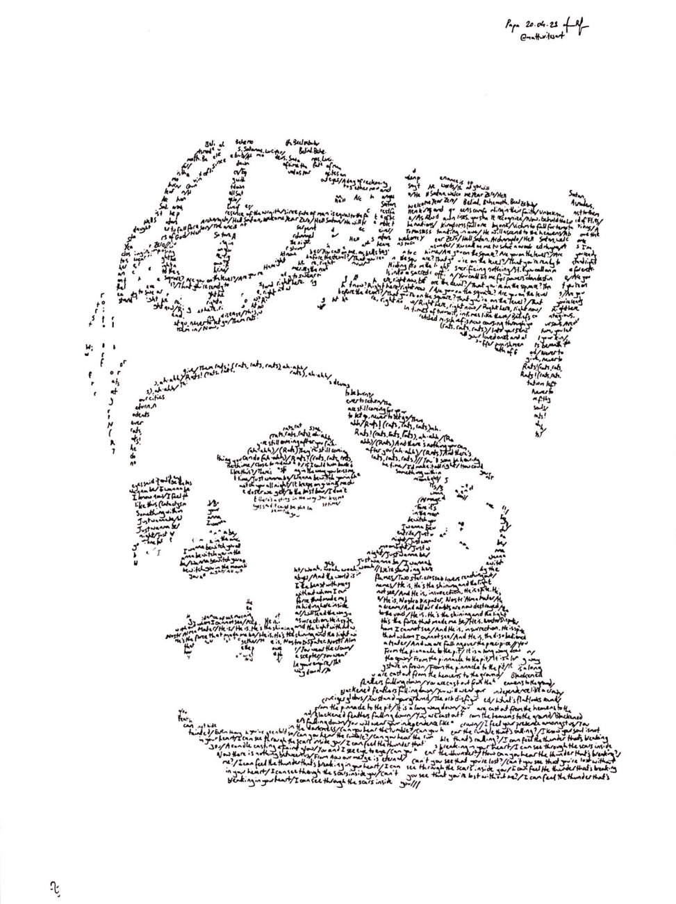 Portrait of Ghost frontman Papa Emeritus with lyrics of Ghost songs