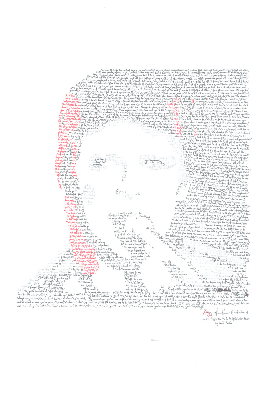 Portrait of David Bowie with singer's lyrics